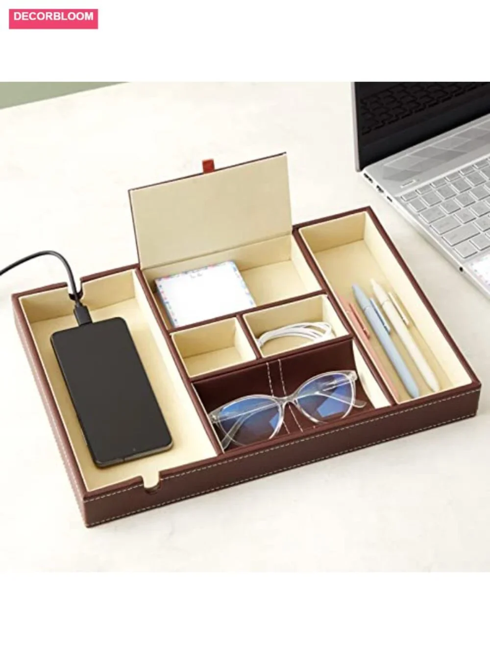 Leather Valet Tray Catchall Organizer 6 Compartment Nightstand Jewelry Box Mens